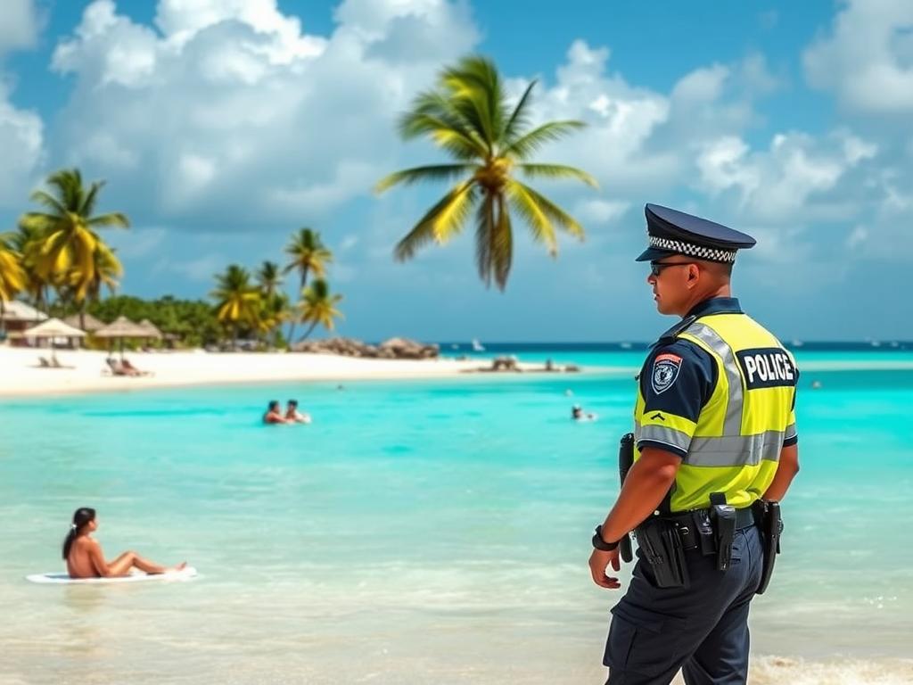 Bezpieczna plaża na Barbadosie z patrolującym policjantem