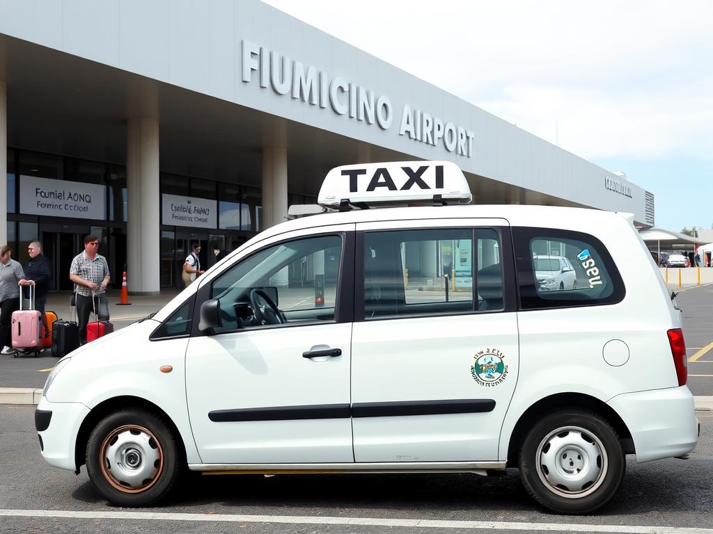 Biała taksówka rzymska przed terminalem lotniska Fiumicino