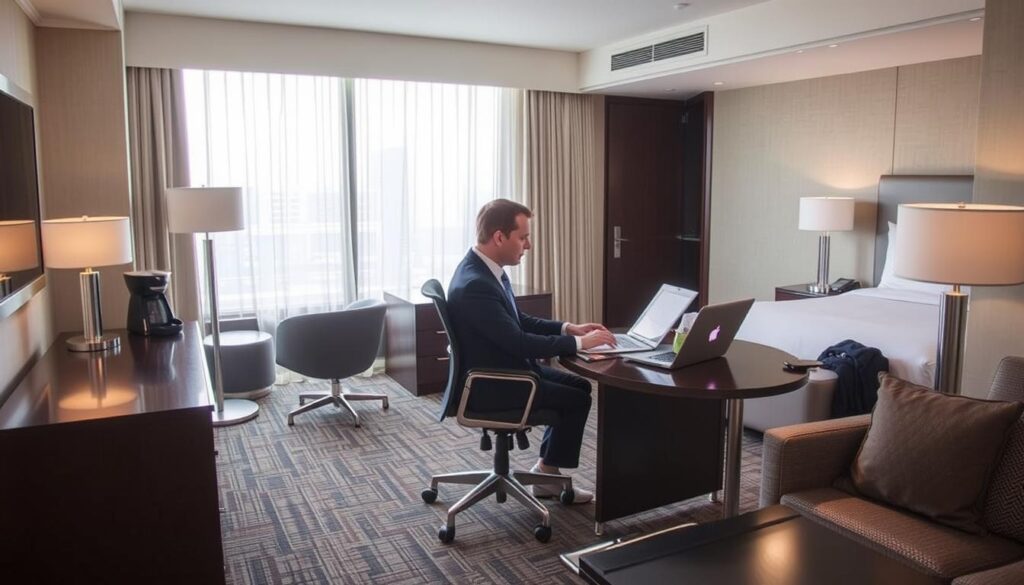 Biznesmen pracujący w przestronnej strefie roboczej suity hotelowej