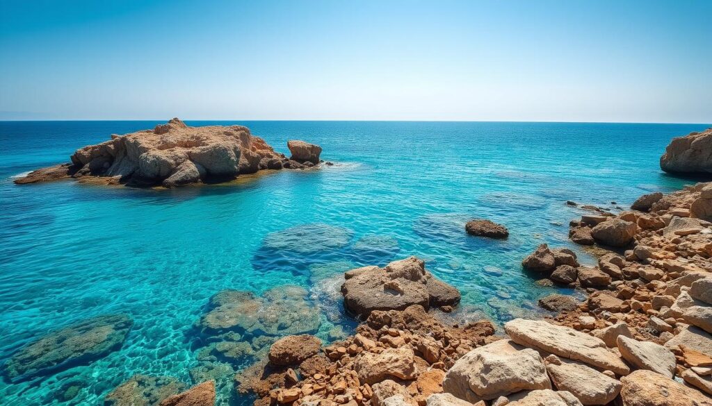 Błękitne wody Morza Śródziemnego wokół Cypru z widocznymi skałami przybrzeżnymi