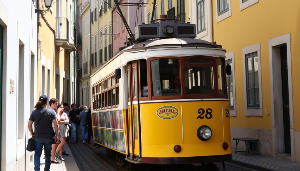 Charakterystyczny żółty tramwaj w Lizbonie przejeżdżający przez wąską uliczkę