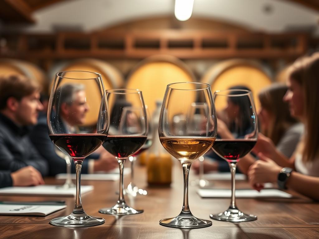 Degustacja win w ukraińskiej winnicy z kieliszkami różnych win na pierwszym planie i beczkami w tle