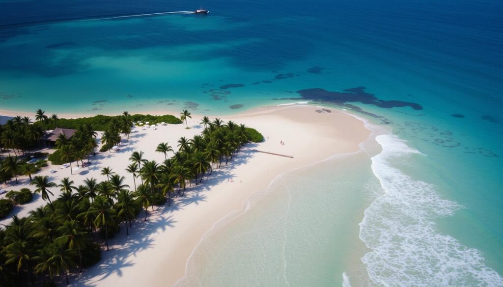 Diani Beach z palmami, białym piaskiem i turkusową wodą