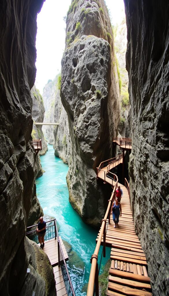 Drewniane kładki prowadzące przez wąwóz Vintgar wzdłuż turkusowej rzeki Radovny
