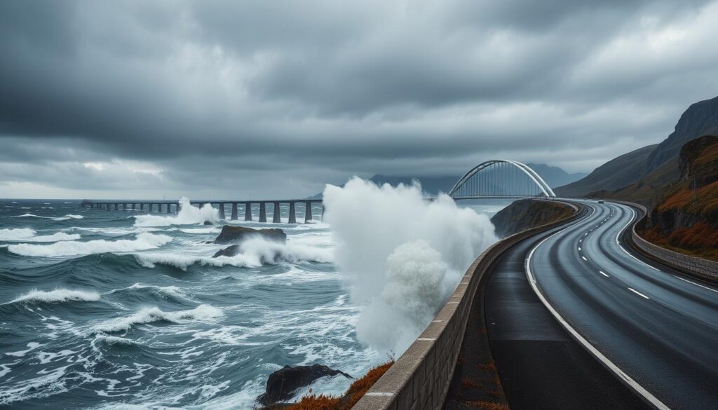 Droga Atlantycka w Norwegii podczas jesiennego sztormu z wysokimi falami uderzającymi o mosty