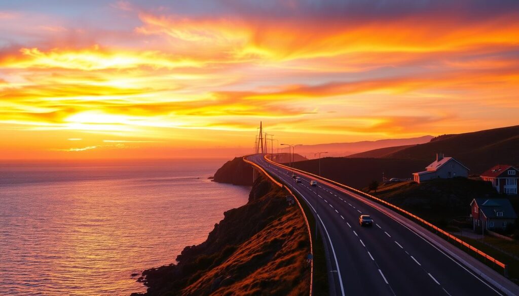 Droga Atlantycka w Norwegii podczas zachodu słońca latem, z mostami oświetlonymi złotym światłem