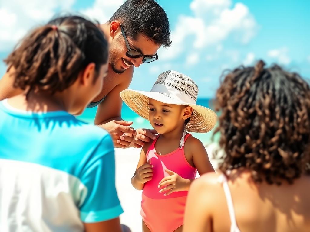 Dziecko z rodzicami stosujące krem przeciwsłoneczny na plaży na Dominikanie