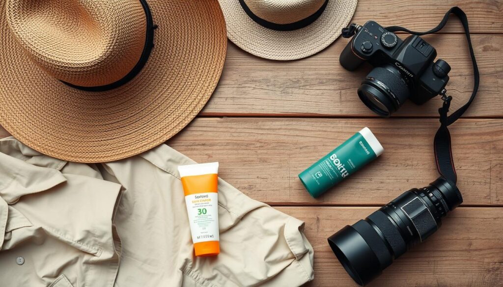 Ekwipunek na safari w Kenii - kapelusz, lornetka, aparat fotograficzny i krem z filtrem