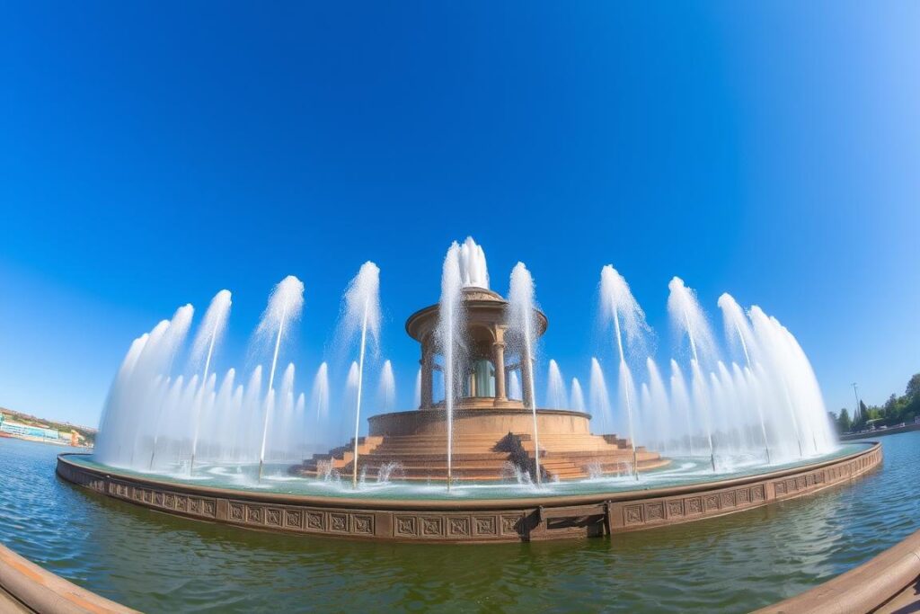 Fontanna Roshen w Winnicy w ciągu dnia, pokazująca jej imponującą konstrukcję na rzece Południowy Bug