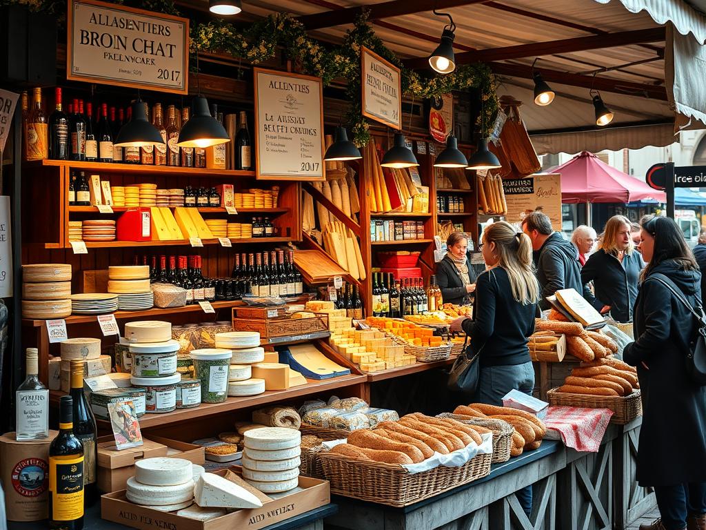 Francuski targ z lokalnymi produktami, serami, winem i pieczywem