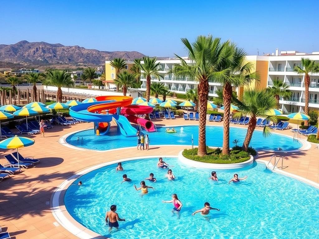 Hotel rodzinny w Tragaki na Zakynthos z basenem i zjeżdżalniami dla dzieci