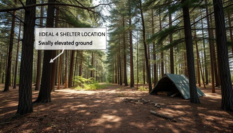 Idealne miejsce na budowę schronienia w lesie z widocznym lekko wzniesionym terenem, osłoniętym od wiatru