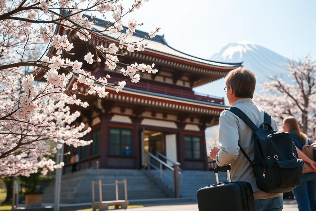 Japońska świątynia z kwiatami wiśni i osobą z walizką, co zabrać na wakacje do Japonii