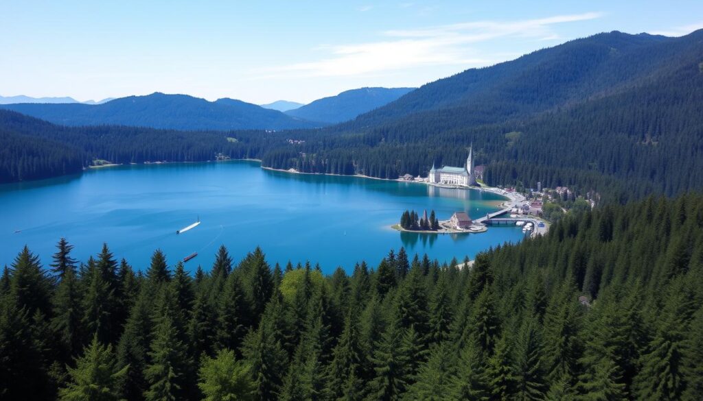 Jezioro Titisee w Schwarzwaldzie (Czarnym Lesie) otoczone lasami