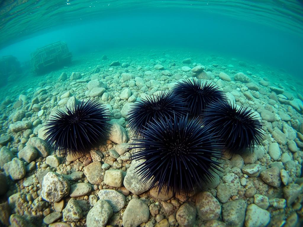 Jeżowce na skalistym dnie morskim przy wybrzeżu Cypru