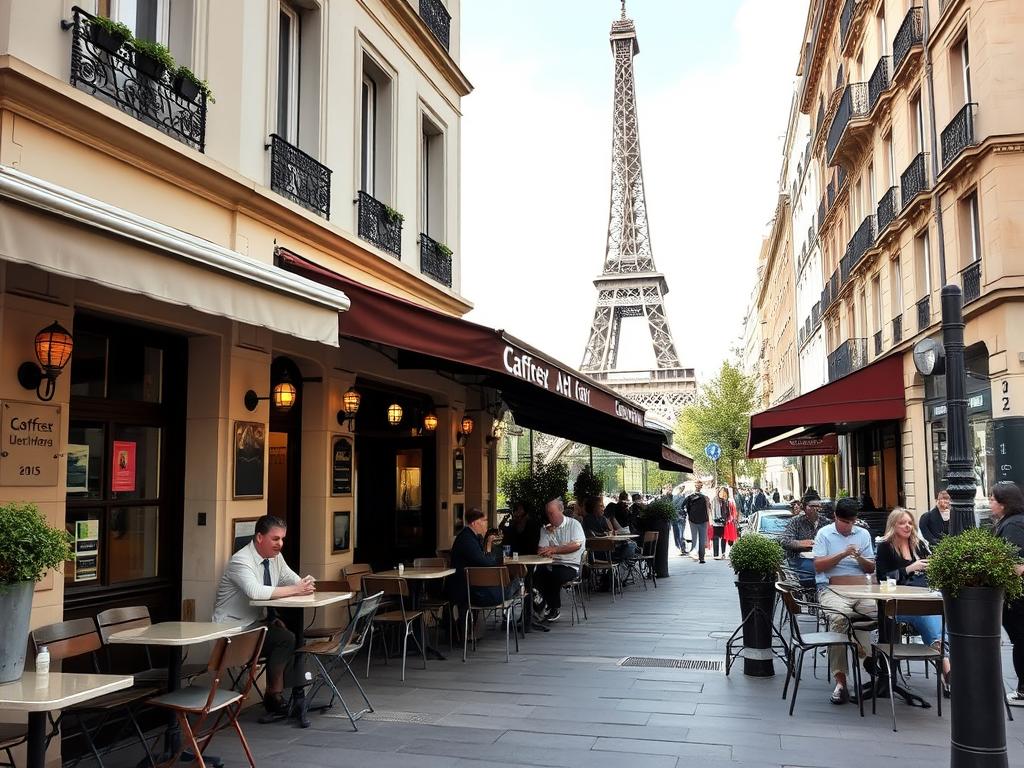 Kawiarnia na chodniku w Paryżu z widokiem na Wieżę Eiffla