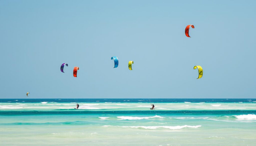 Kitesurferzy na plaży Mui Ne w Wietnamie - kolorowe latawce nad turkusową wodą