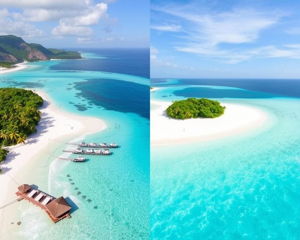 Kolaż przedstawiający plaże Seszeli i Malediwów dla porównania obu destynacji