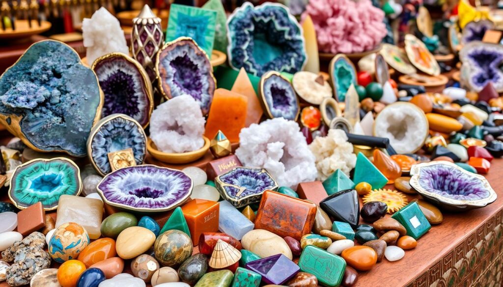 Kolorowe minerały i kamienie półszlachetne wystawione na sprzedaż na marokańskim targu