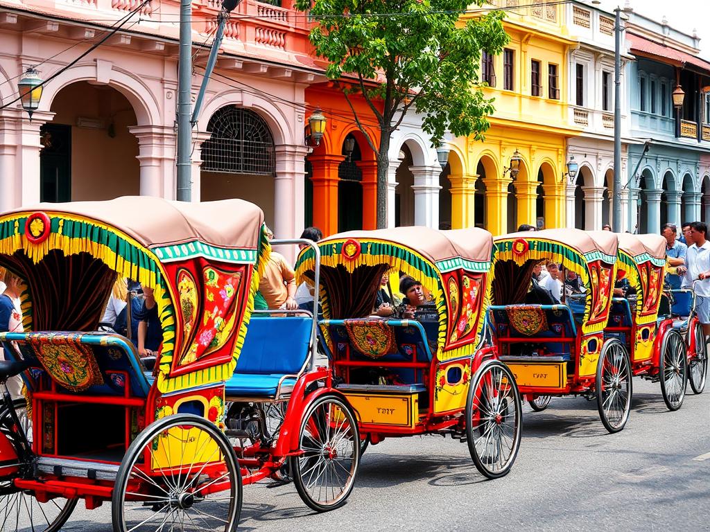 Kolorowe riksze w historycznym centrum Melaki, Malezja