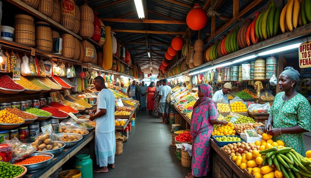 Kolorowe targowisko w Mombasie z lokalnymi produktami i handlarzami