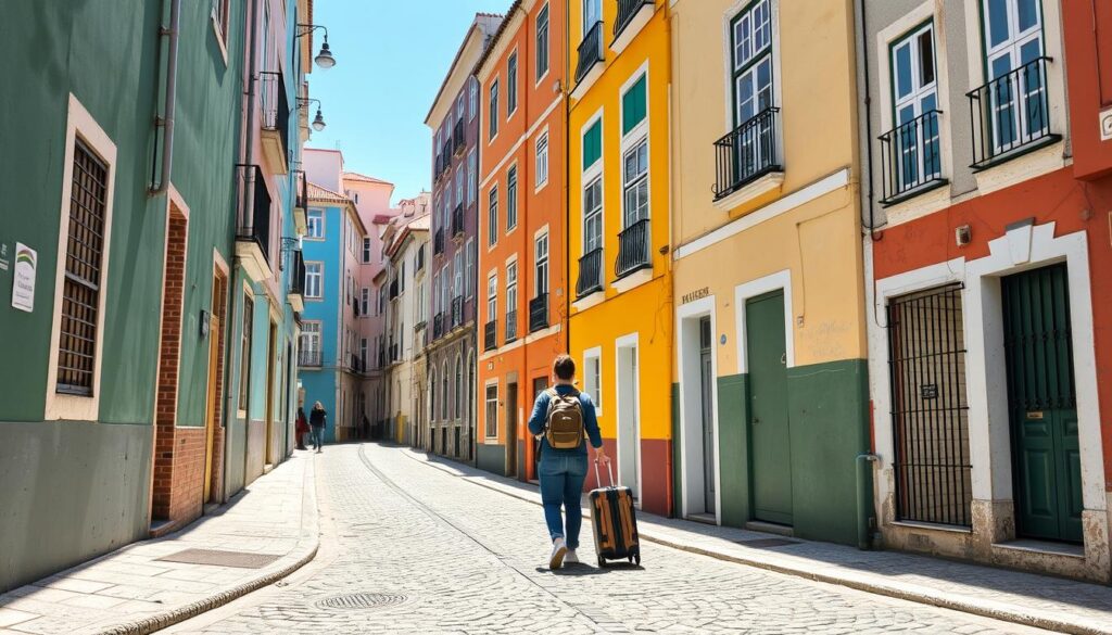 Kolorowe uliczki Lizbony z walizką turysty, co zabrać na wakacje do Portugalii