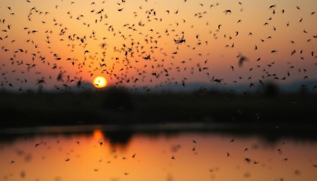 Komary nad wodą o zachodzie słońca na Cyprze