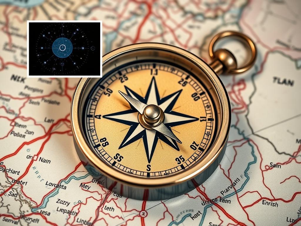 Kompas z zaznaczonym kierunkiem północnym wskazywanym przez Gwiazdę Polarną