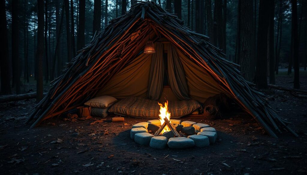 Kompletne schronienie leśne z przygotowanym miejscem do spania i małym kontrolowanym ogniskiem w pobliżu