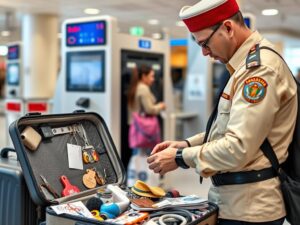 Kontrola celna na lotnisku w Maroku sprawdzająca bagaż turystów pod kątem zakazanych przedmiotów do wywozu