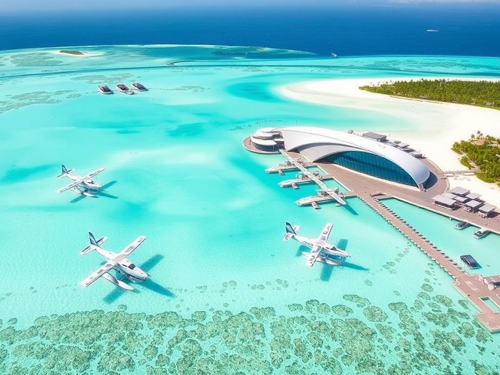 Lotnisko Velana International Airport na Malediwach z widokiem na wodnosamoloty i turkusową lagunę