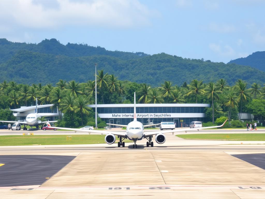 Lotnisko międzynarodowe Mahé na Seszelach z samolotem na pasie startowym i palmami w tle