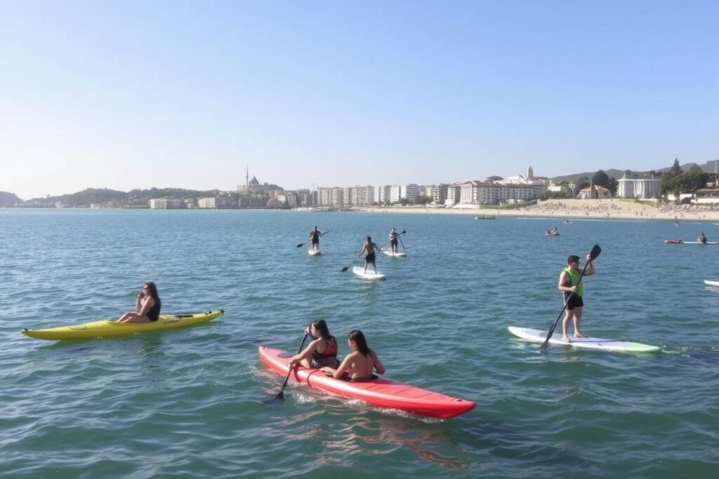 Ludzie uprawiający sporty wodne na zatoce La Concha w San Sebastian, widoczne kajaki i deski SUP