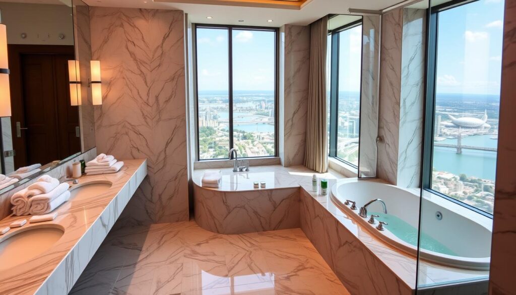 Luksusowa łazienka w suicie hotelowej z marmurowym wykończeniem i jacuzzi