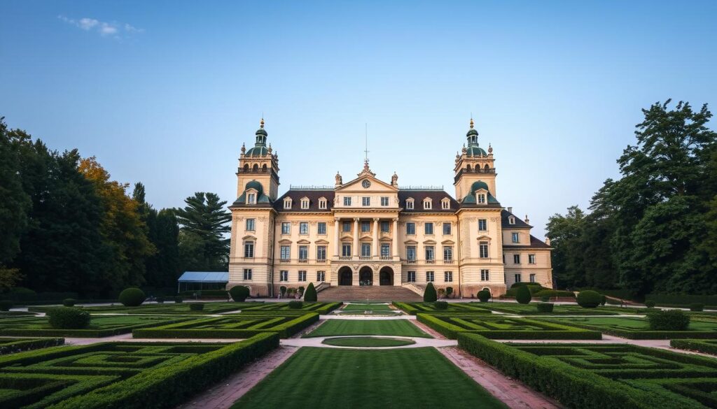 Majestatyczny zamek w Podhorcach z barokową fasadą i ogrodem w stylu francuskim