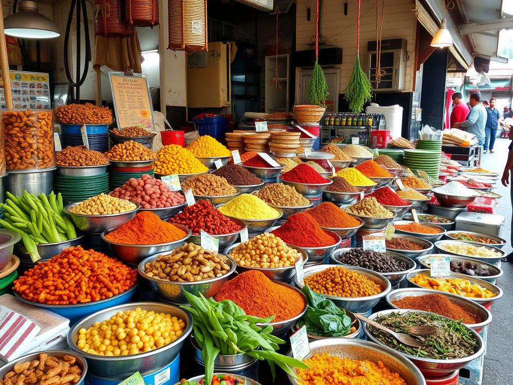 Malezyjskie jedzenie na lokalnym targu - różnorodne potrawy i przyprawy