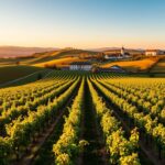 Malownicze winnice na wzgórzach Ukrainy z rzędami winorośli i tradycyjną zabudową winiarską w tle