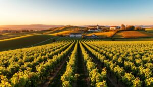 Malownicze winnice na wzgórzach Ukrainy z rzędami winorośli i tradycyjną zabudową winiarską w tle