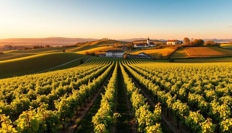 Malownicze winnice na wzgórzach Ukrainy z rzędami winorośli i tradycyjną zabudową winiarską w tle