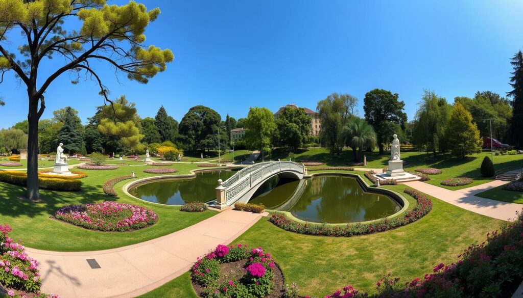 Malowniczy widok na Park Sofijowka w Humaniu z mostkiem nad stawem i klasycznymi rzeźbami