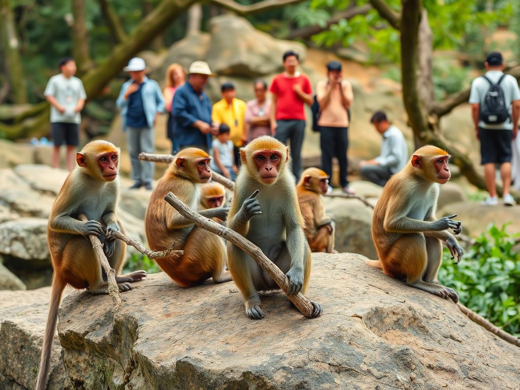 Małpy w parku narodowym w Wietnamie - makaki obserwujące turystów