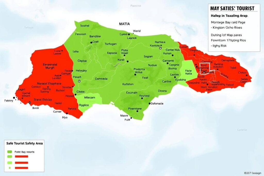 Mapa Jamajki z zaznaczonymi bezpiecznymi i niebezpiecznymi obszarami dla turystów