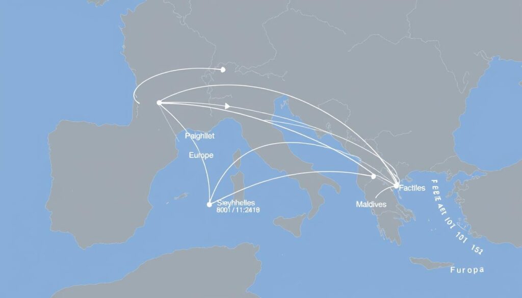 Mapa lotnicza pokazująca różne trasy z Europy na Seszele i Malediwy z zaznaczonymi przesiadkami