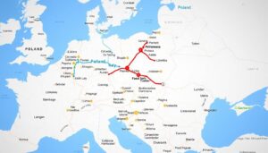 Mapa trasy samochodowej z Polski do Włoch z zaznaczonymi głównymi punktami przejazdu