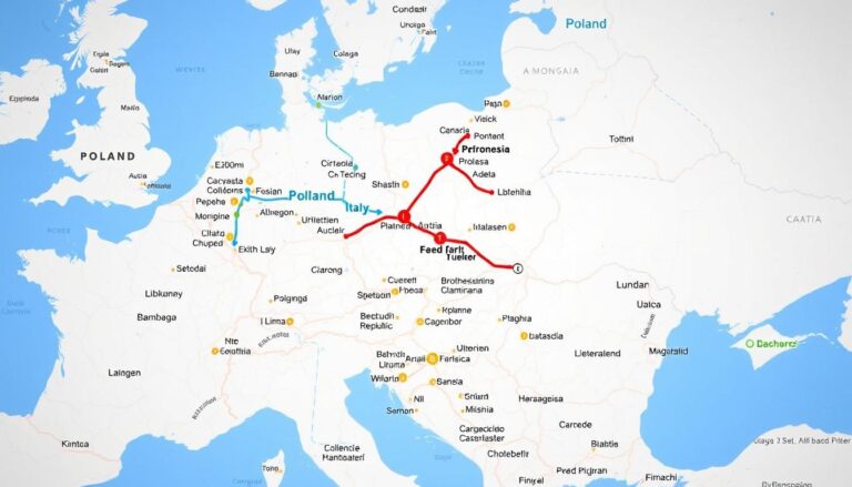 Mapa trasy samochodowej z Polski do Włoch z zaznaczonymi głównymi punktami przejazdu