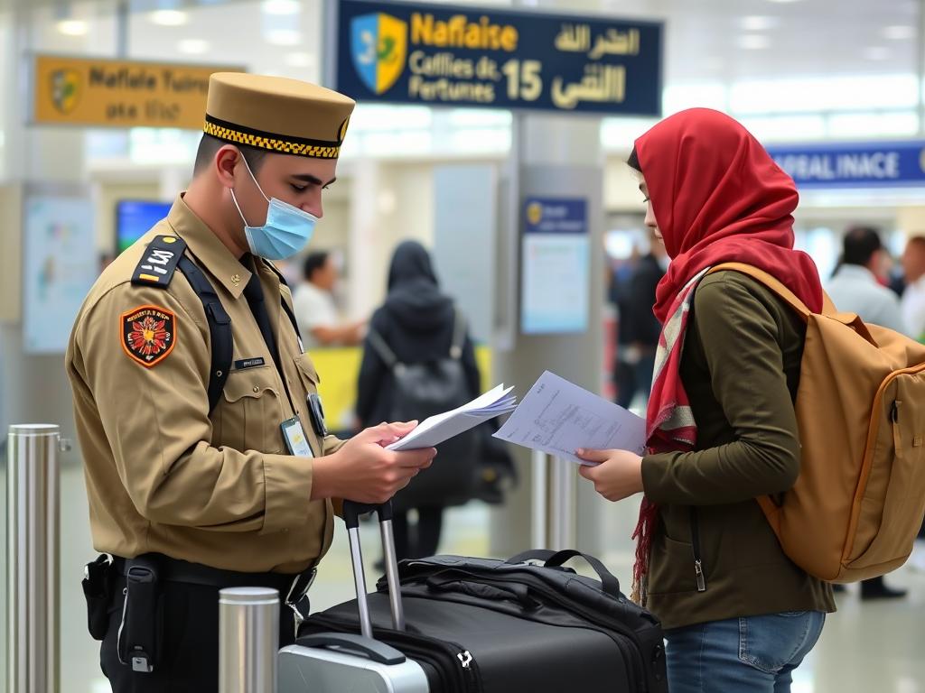 Marokański funkcjonariusz celny sprawdzający dokumenty i bagaż turysty