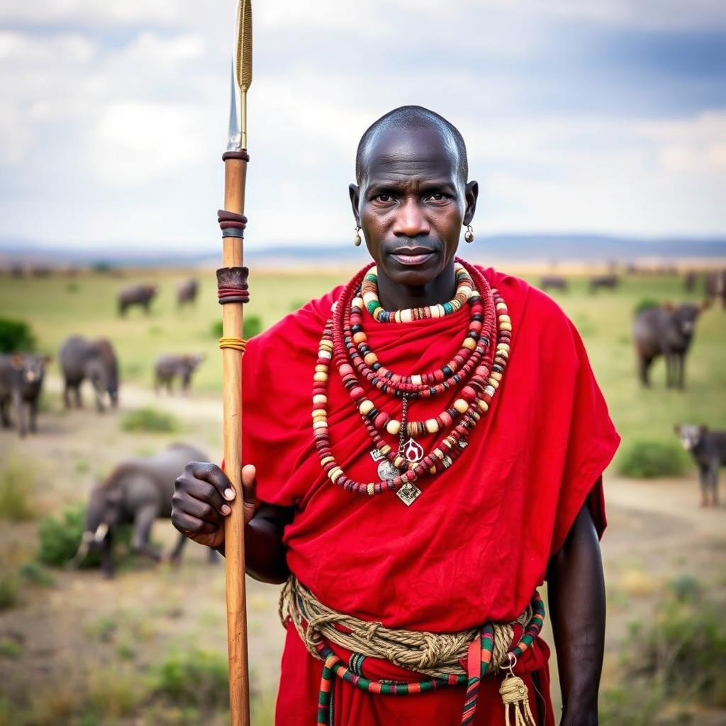 Masajski wojownik w tradycyjnym stroju z włócznią i ozdobami