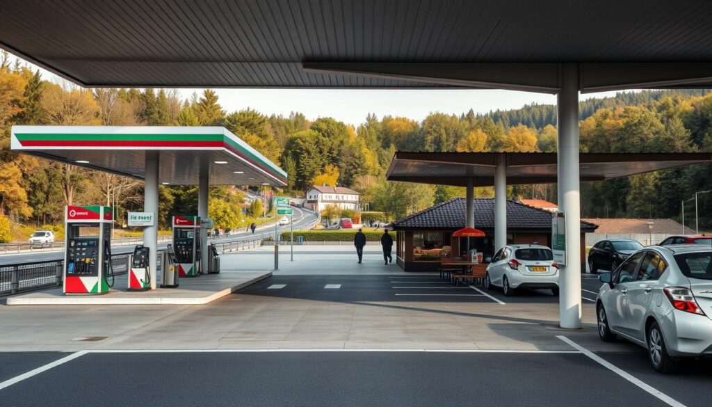 Miejsce odpoczynku przy włoskiej autostradzie z widokiem na stację paliw i restaurację