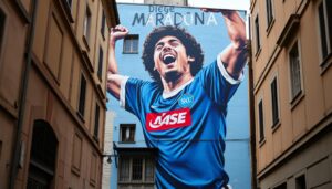 Mural Diego Maradony w Neapolu przedstawiający legendę piłki nożnej w koszulce SSC Napoli