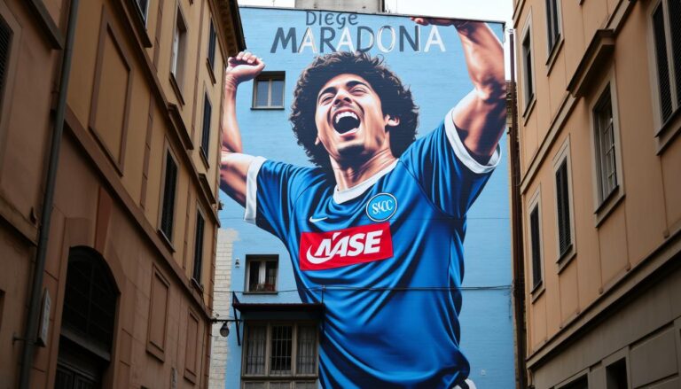 Mural Diego Maradony w Neapolu przedstawiający legendę piłki nożnej w koszulce SSC Napoli